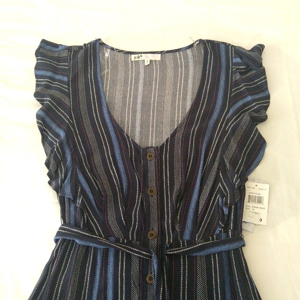 Jolt women's striped ruffle sleeve v neck button down tie waist belt midi dress